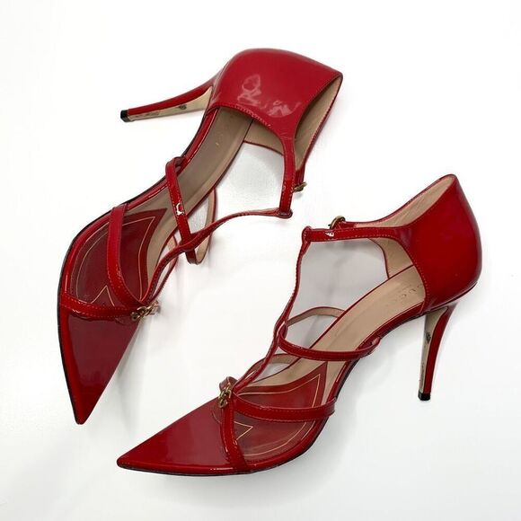 Gucci Double G Patent Leather High Heel Sandals EU 39.5 US 9.5 Strappy Red Pumps - Picture 5 of 9